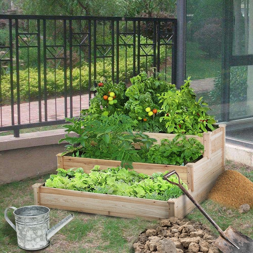 3 Tier 47 x 47 x 22in Raised Garden Bed Horticulture Outdoor Elevated Flower Box Tiered Garden Bed Wooden Vegetables