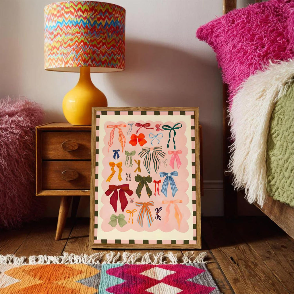 Framed Pink Wall Art, Coquette Colorful Bow Pictures Wall Decor, Trendy Preppy Paintings Canvas Prints Girly Home