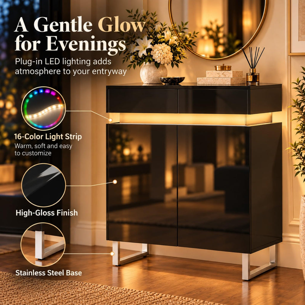 High Gloss Black Shoe Cabinet with LED Lights & 2 Storage Drawers