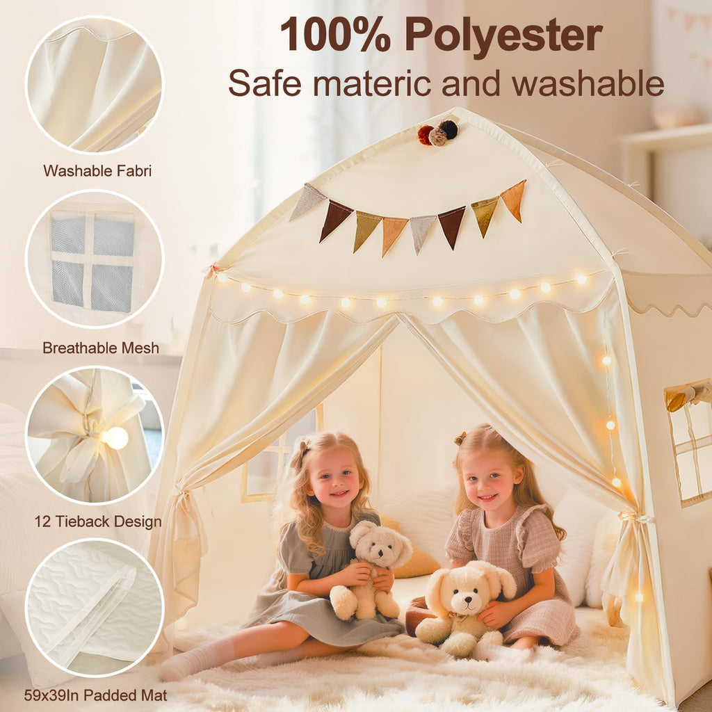 Extra Large Kids Play Tent Indoor: 59x39x59in with Mat Lights Flags Cream