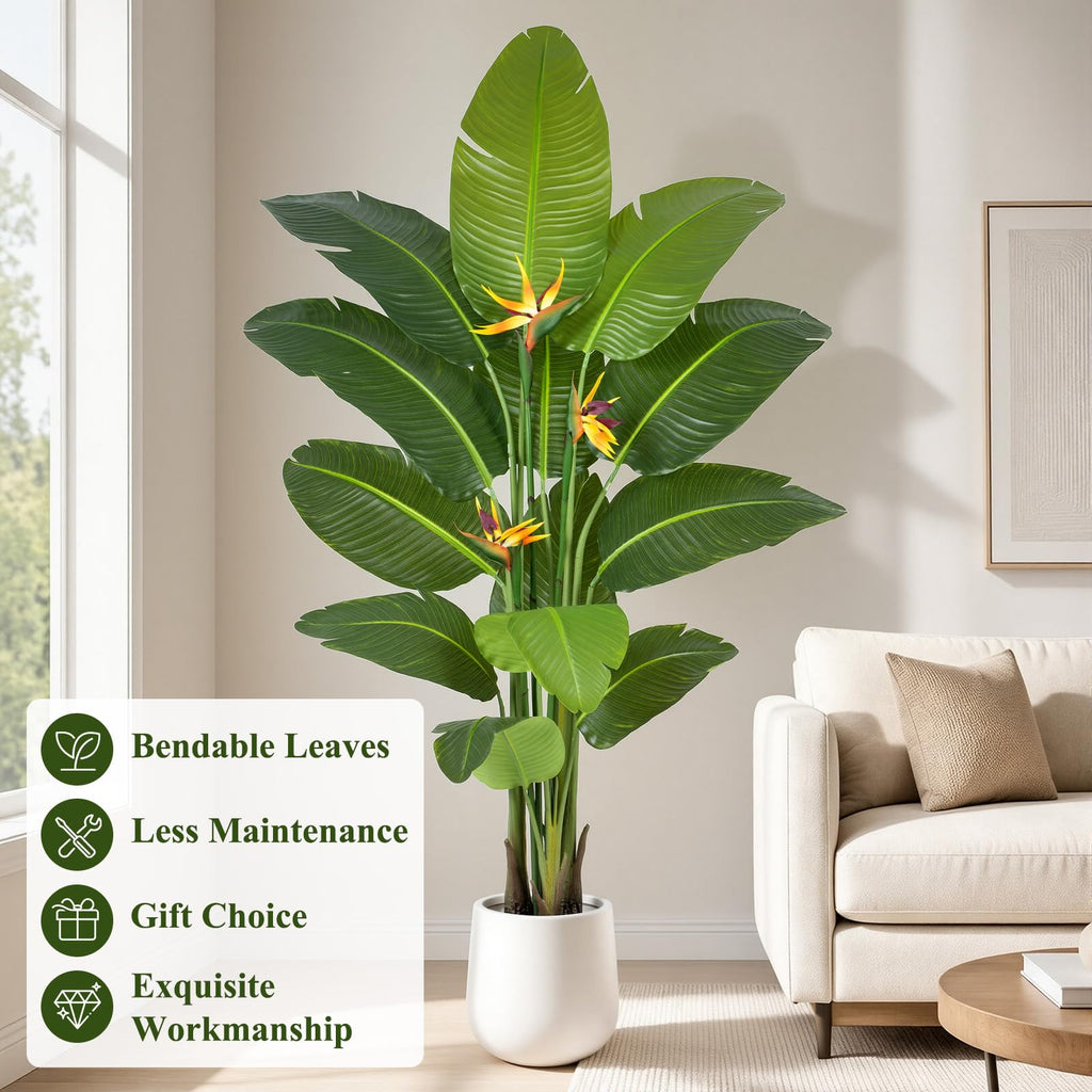 Bird of Paradise Artificial Plant in White Pot, 6ft Tall Faux Banana Leaf Tree with 3 Tropical Bird Flowers & 13