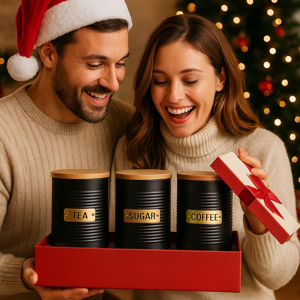 Black Metal Canisters with Wooden Lids - Set of 4 Airtight Storage Tins for Coffee, Tea, Sugar & More - Modern Ribbed