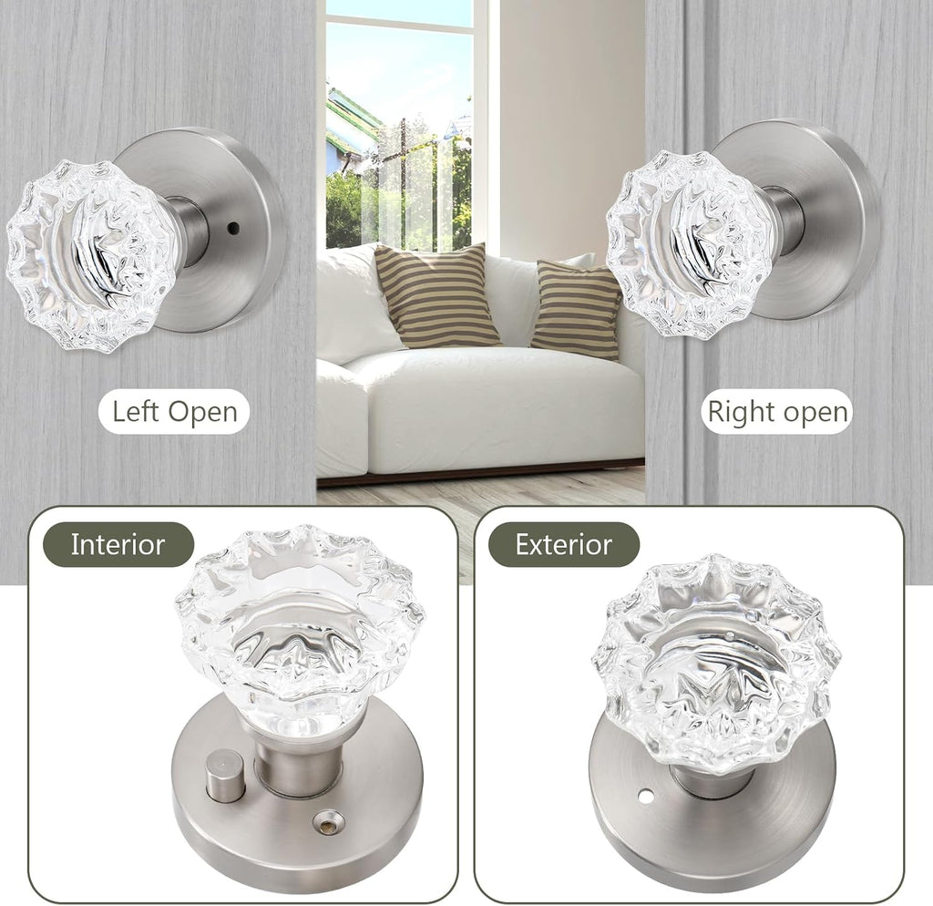 Solid Crystal Glass Door Knobs (Stain Nickel, Privacy)