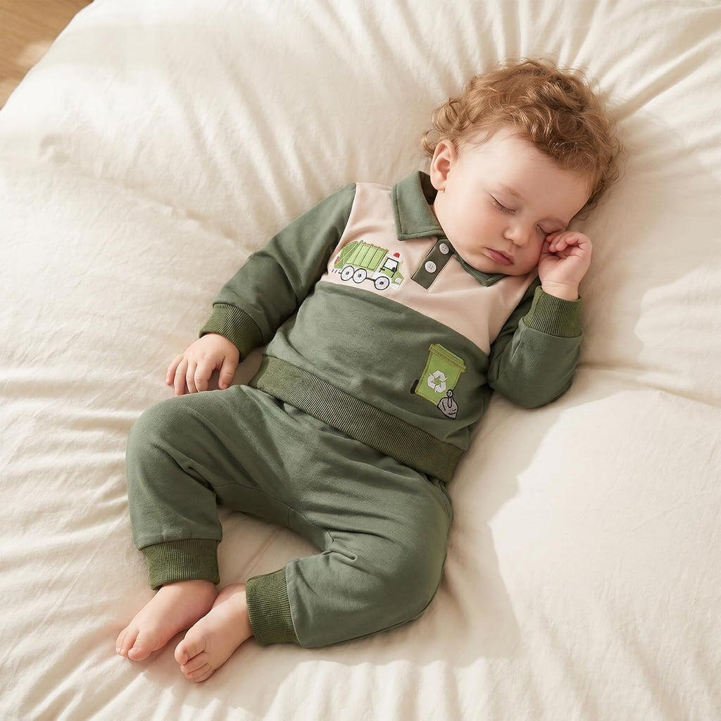 Baby Boy Fall Clothes Toddler Winter Outfits Long Sleeve Contrast Lapel Truck Embroidery Sweatshirt + Pants Sets