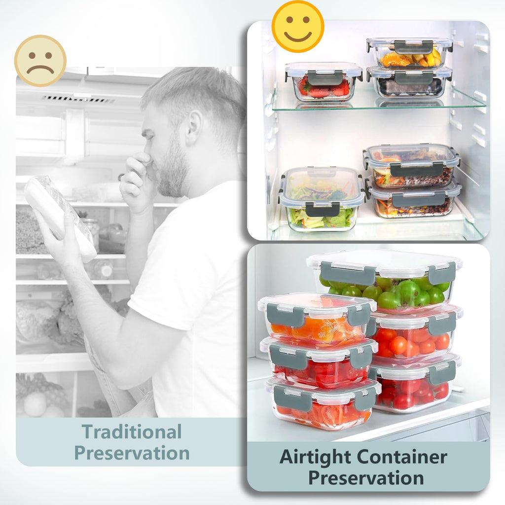 12 Pack Glass Food Storage Container Set with Lids Non Toxic, Stackable Borosilicate Glass Meal Prep Containers