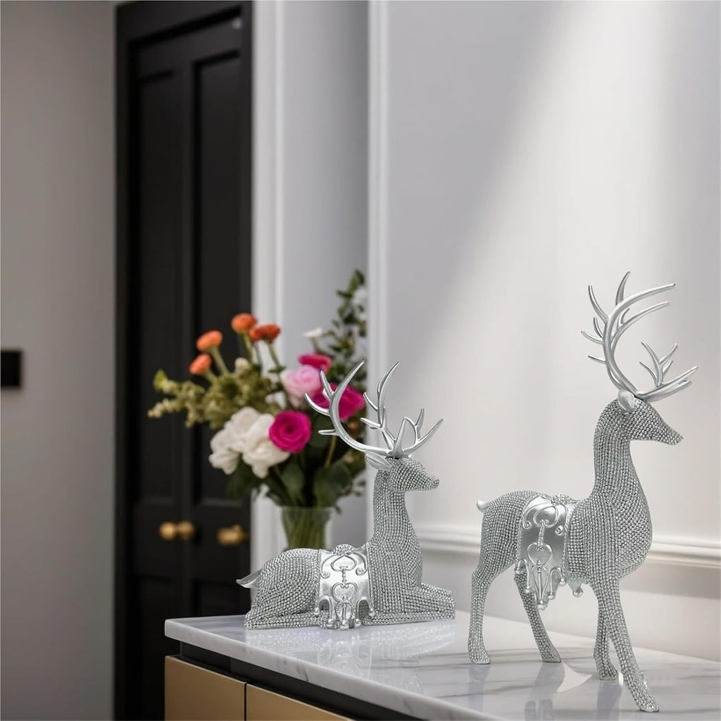 Gifts for Women Set of 2 Christmas Reindeer Statues 11.3" Gold Decorative Deer Sculptures Shelf Decor(Silver)