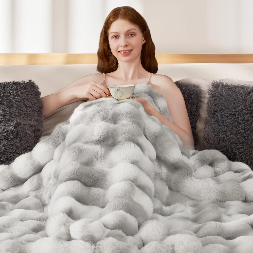 1000GSM Faux Rabbit Fur Throw Blanket, Super Heavy Warm Cozy Grey Blankets for Couch Bed Sofa, Ruched Plush Fuzzy