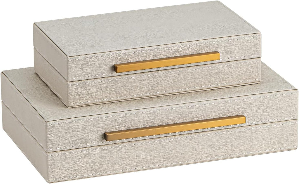 Shagreen Decorative Box, Modern Faux Leather Beige Decorative Storage Boxes with Lids and Metal Handles - Set of 2