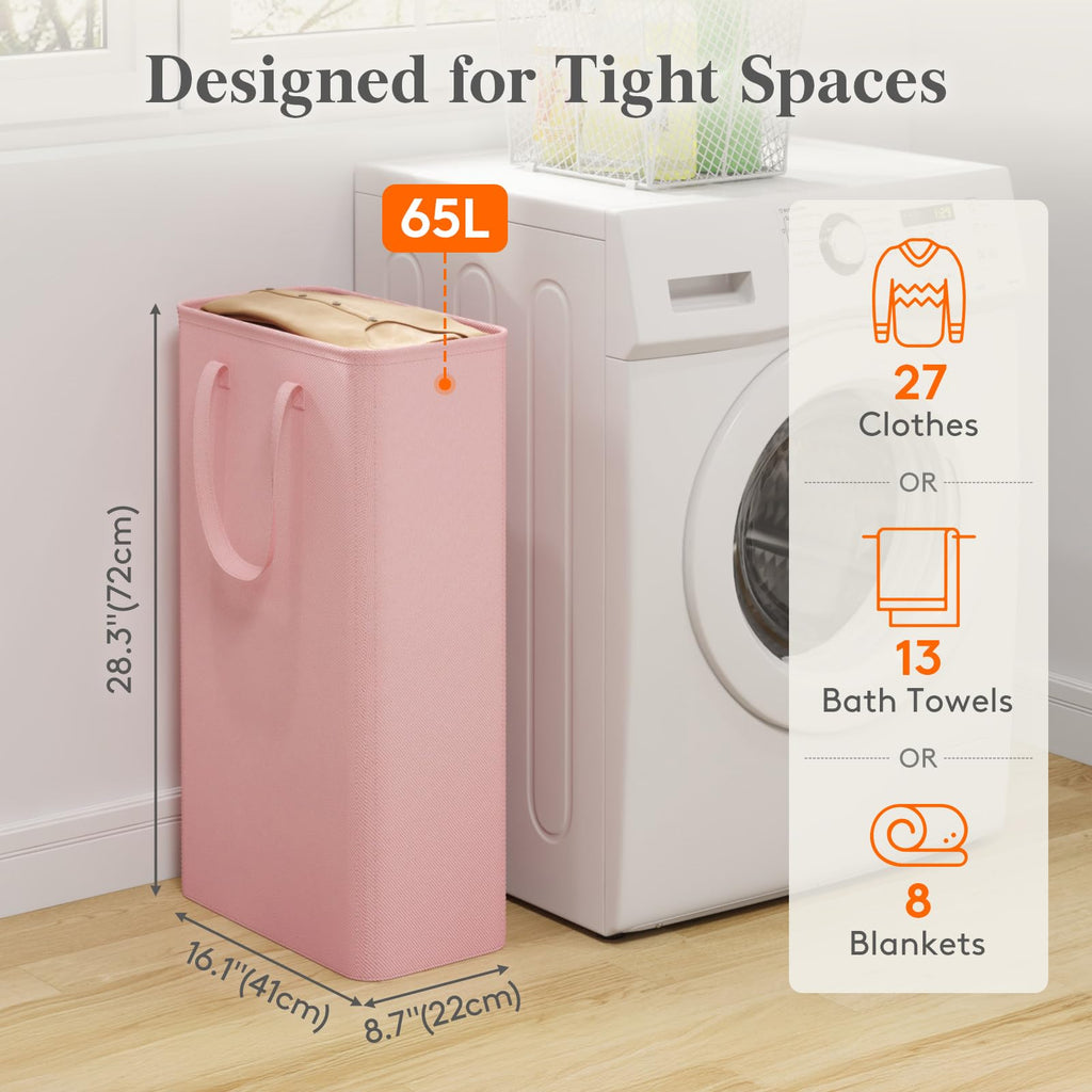 Slim Collapsible Laundry Basket with Handles, 65L, Pink