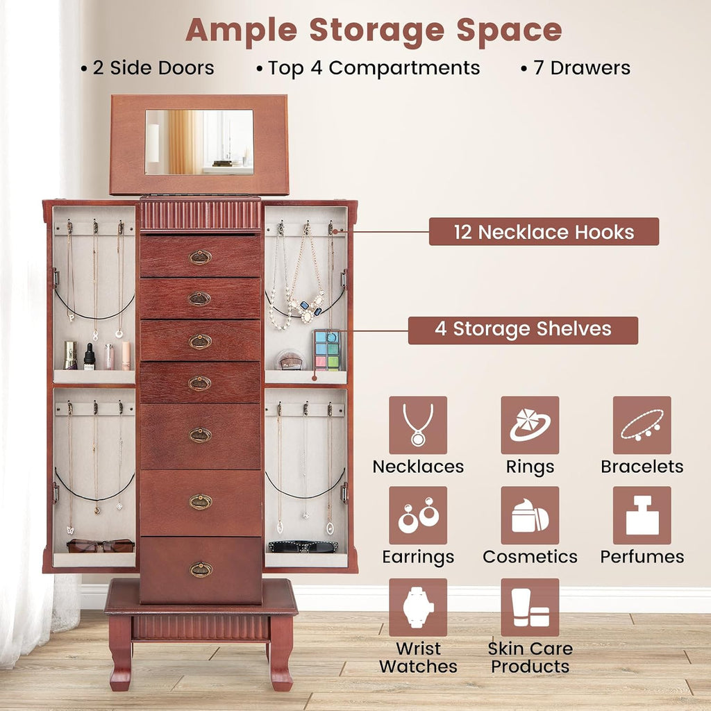 Jewelry Armoire, Wooden Jewelry Chest Storage Cabinet w/7 Drawers & 2 Swing Doors, 12 Necklace Hooks, Makeup Mirror &