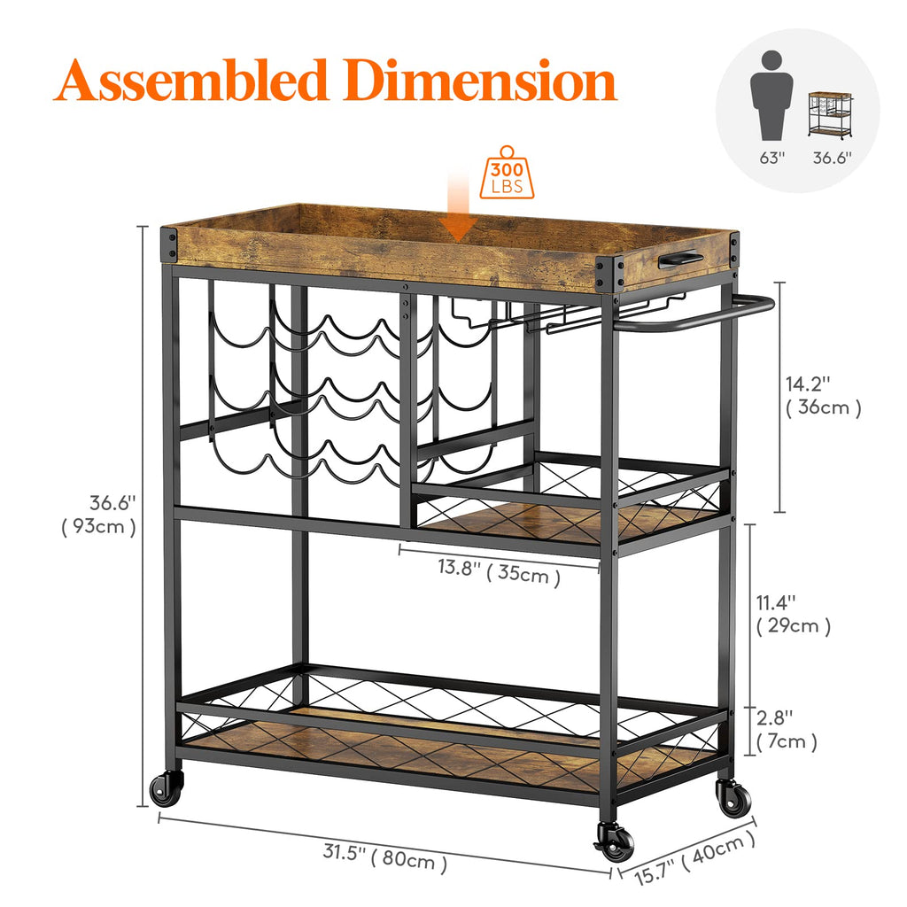 3 Tier Bar Cart with 12 Wine Racks, Serving Trolley, Rustic Brown