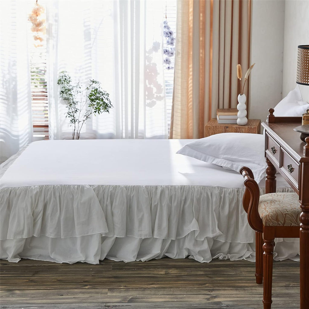 White Ruffled Bed Skirt 18-Inch Tailored Drop Cotton Voile Dust Ruffle Soft Cozy Elegant Luxurious Bedding (18"