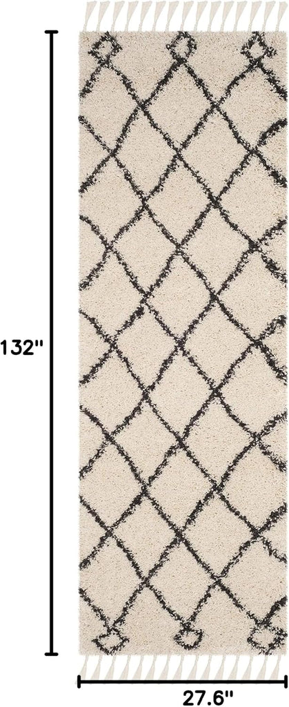 Moroccan Fringe Shag Collection Runner Rug, Cream & Charcoal, Boho Trellis, Non-Shedding & Easy Care