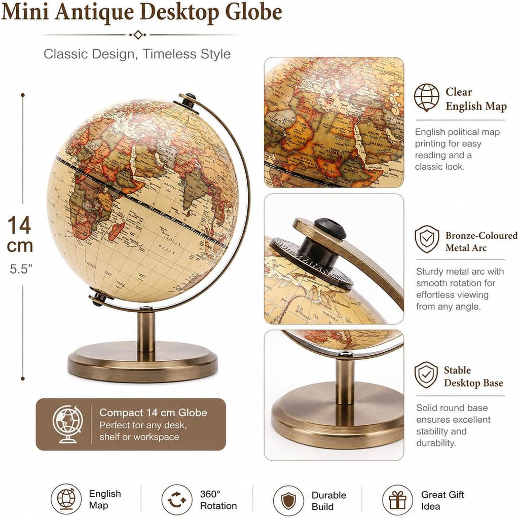 5.5 Inches Antique World Globe English Map Vintage Bronze Metal Arc