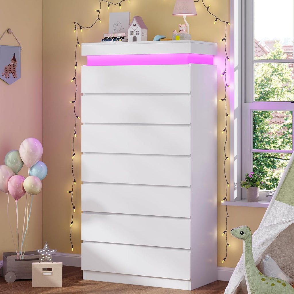 Tall 7 Drawer Dresser with LED Light, White Modern Chest of Drawers ,Closet Dressers with Drawers
