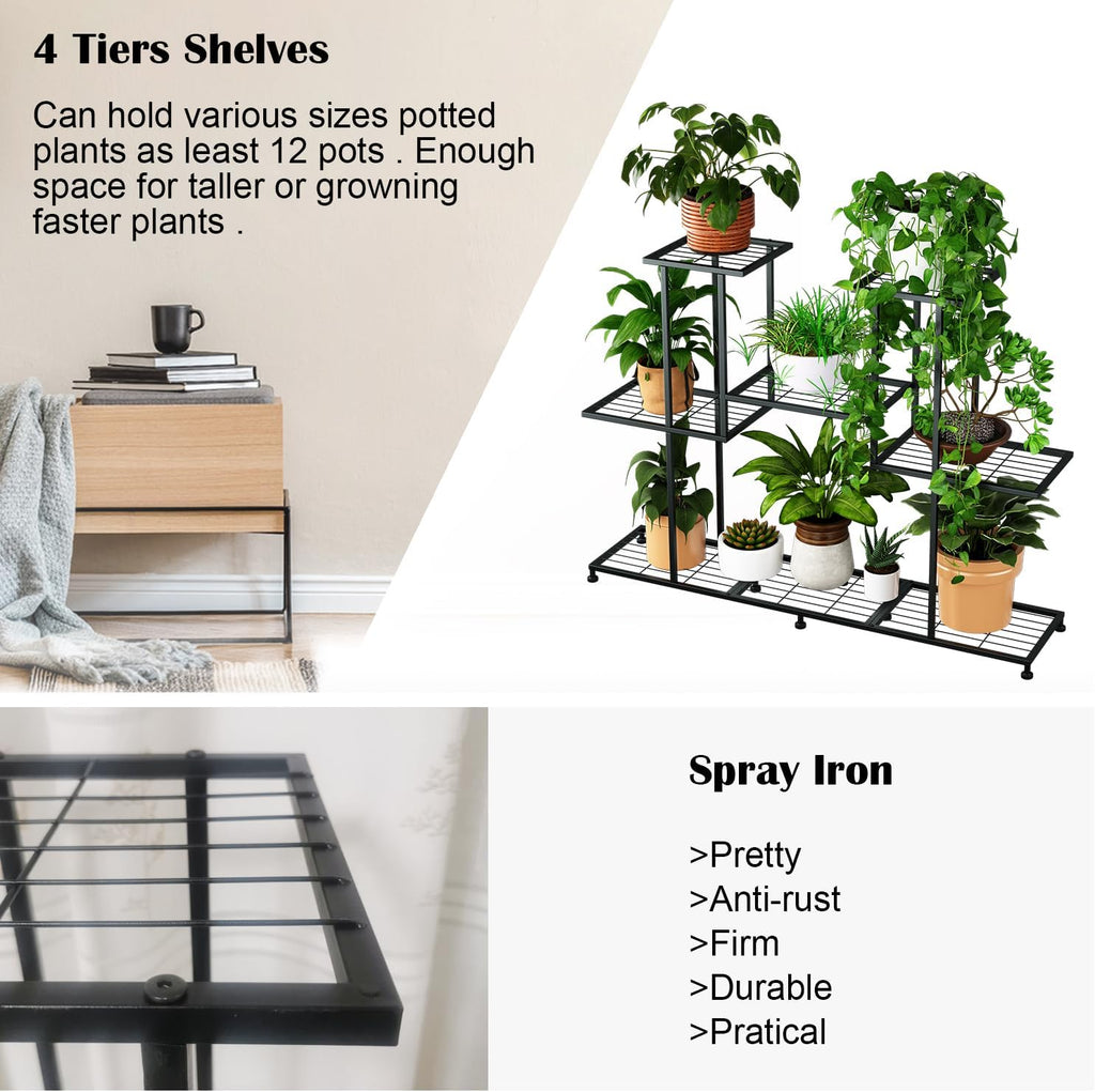 Metal Plant Stand, 5 Tiers Multifunctional Plant Stands for Indoor Plants, Decorative Black Steel Plant Shelf for