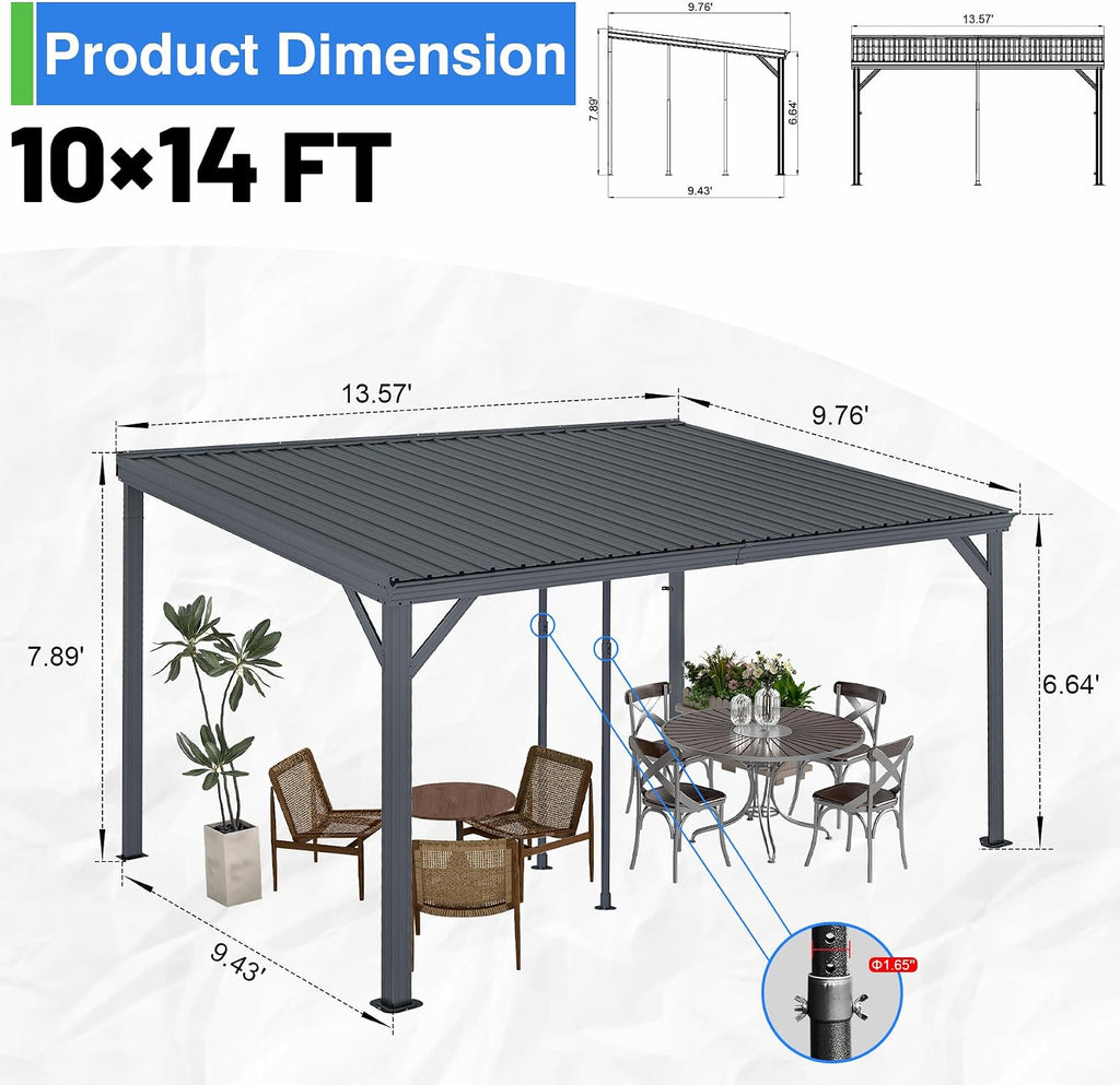 10x14FT Lean to Gazebo, Outdoor Hardtop Wall Mounted Gazebo with Gutter & Sloping Galvanized Steel Roof