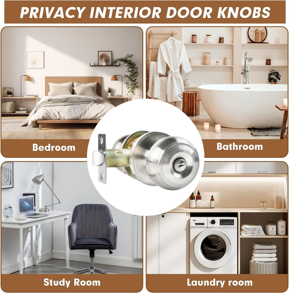 Privacy Door Knobs, 4 Pack Satin Nickel Door Knobs with Lock, Bed and Bath Door Knob Interior Keyless Locksets, Round