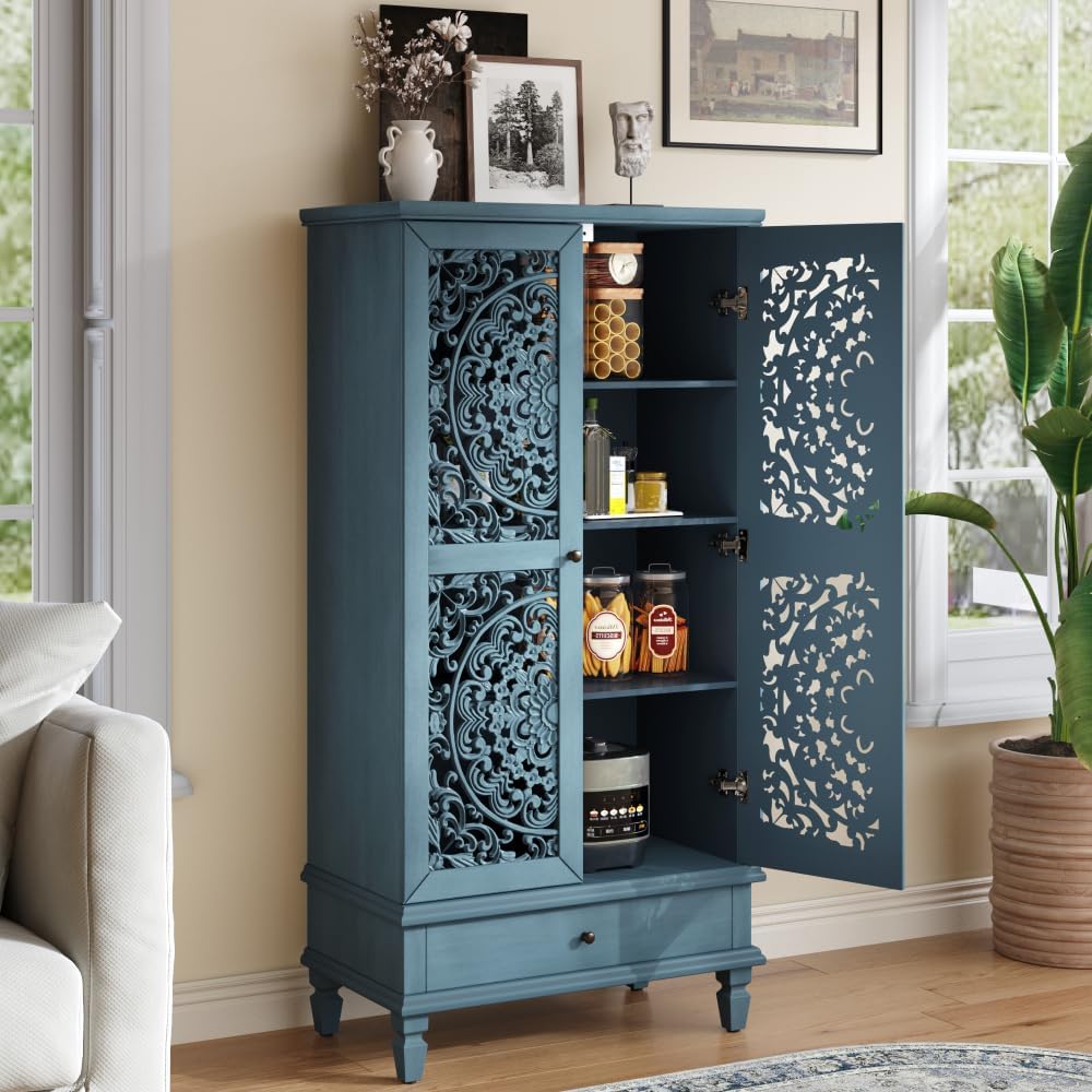Rustic 55'' Tall Storage Cabinet with Drawer, Decorative 2-Door Carved Wood Accent Cabinet with Solid Wood Legs