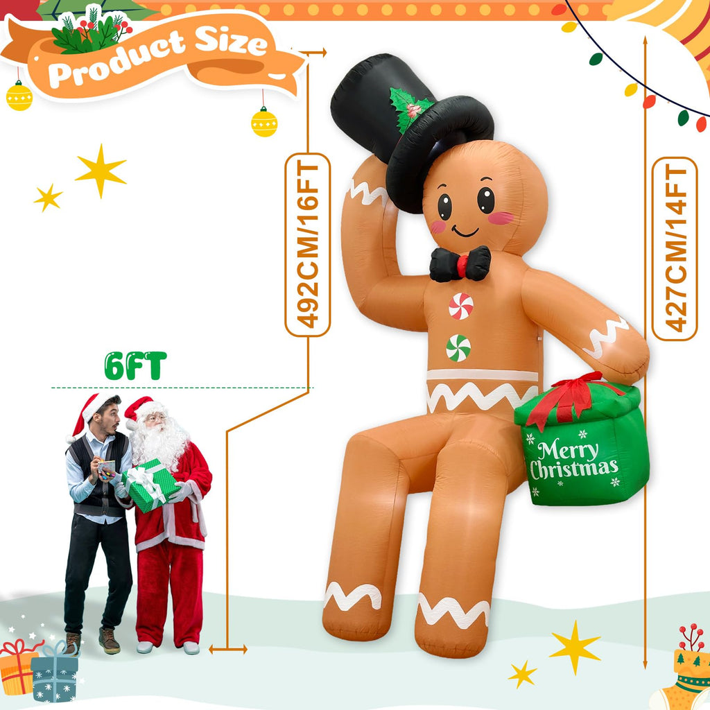 14 FT Giant Christmas Inflatables, Sitting Gingerbread Inflatable for Roof