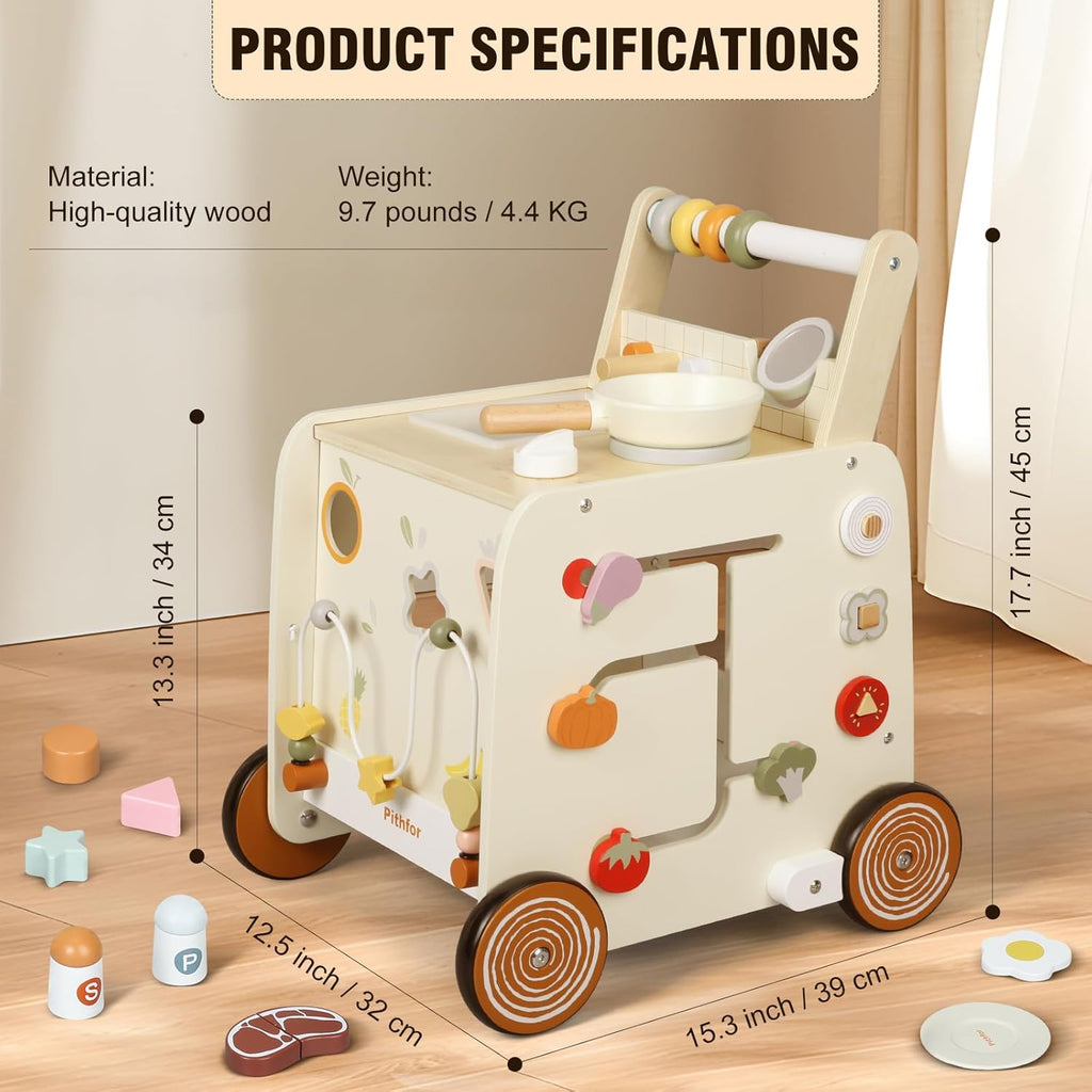 Wooden Baby Walker, in-1 Baby Push Walker, with Pretend Kitchen, Montessori Sensory Activity Center, Push Walker