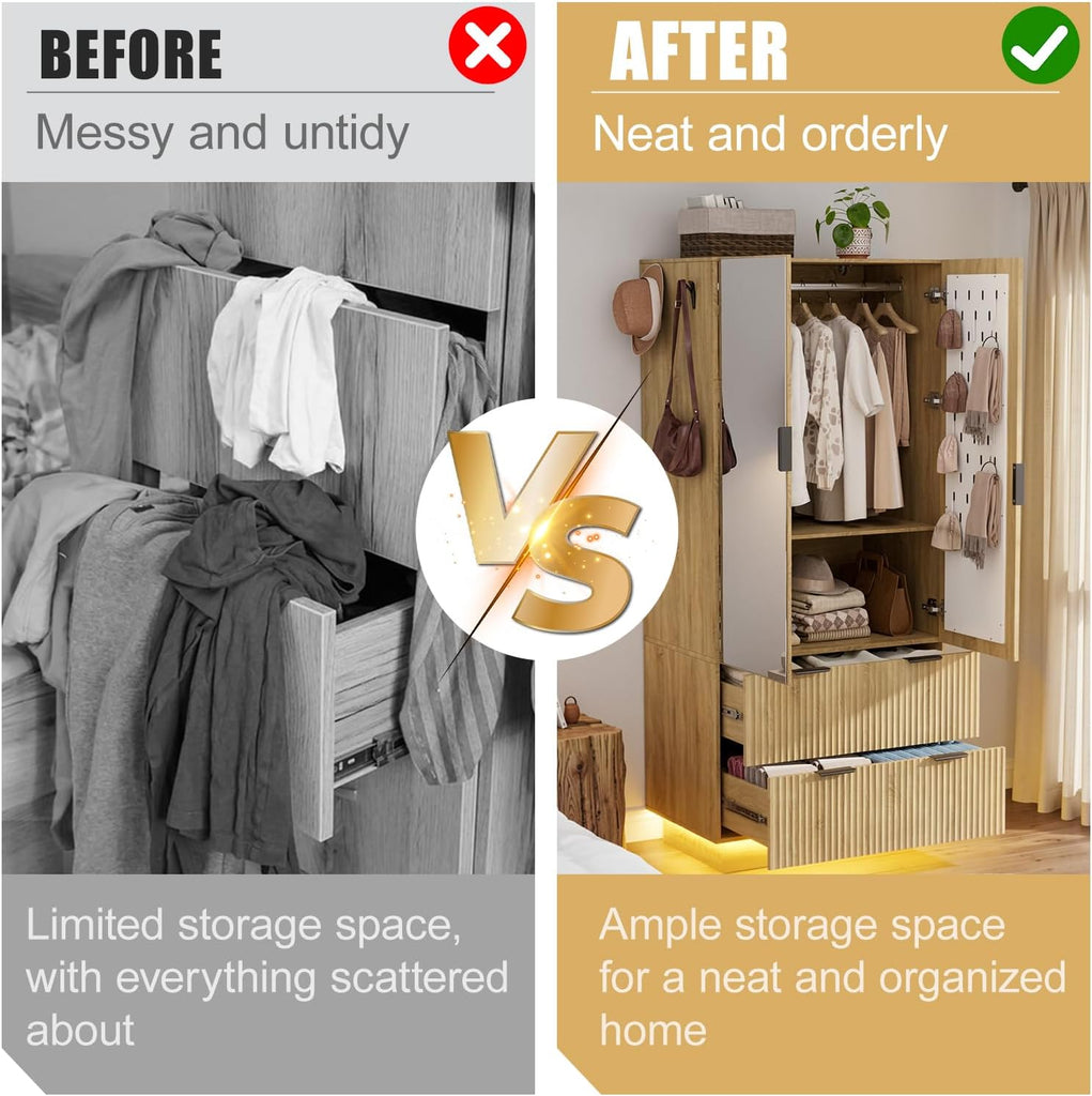 6 Doors Armoire Wardrobe Closet, 94.5"W Armoire with 3 Pegboards | Armoires and Wardrobes with 6 Drawers, 3 Mirrors
