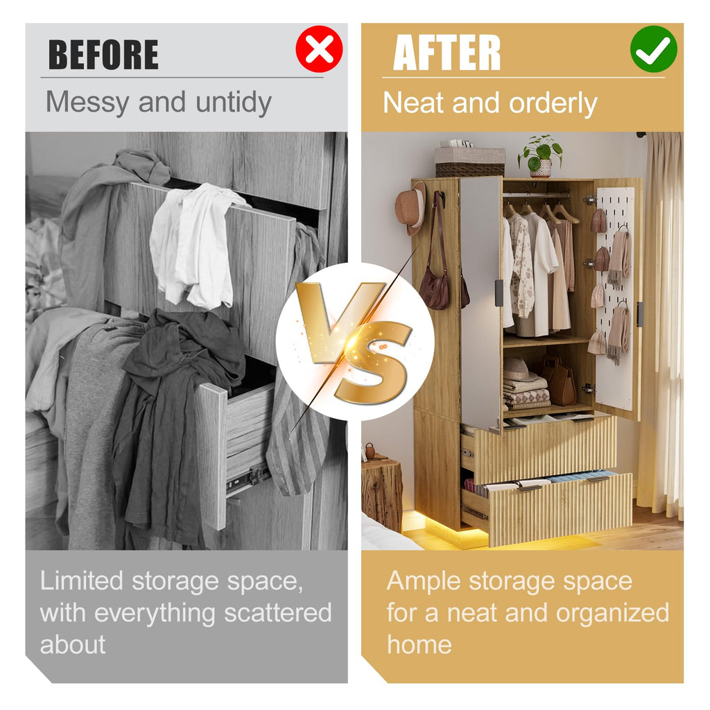 Wardrobe Closet with 2 Doors, Pegboard and Mirror, Wood Armoires