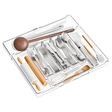 Clear Large Expandable Silverware Organizer and Kitchen Utensil Drawer Organizer,Plastic Adjustable Silverware Tray