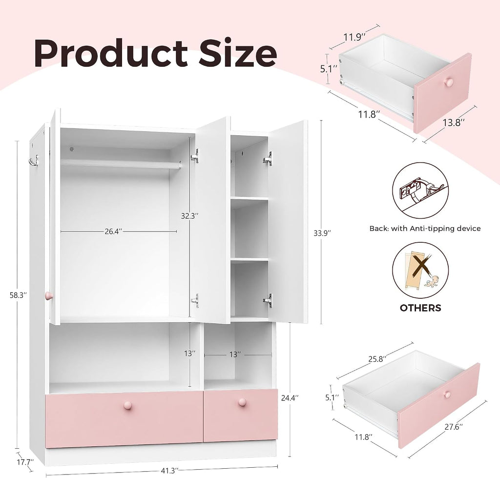 White Armoire Wardrobe Closet with Hanging Rod - Freestanding 3-Door Wooden Wardrobe Cabinet Closet Armoires