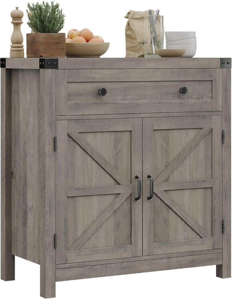 Kitchen Storage Cabinet, Farmhouse Coffee Bar Cabinet, Ash Gray | Small Buffet Cabinet with Doors & Wide Drawer, Wood