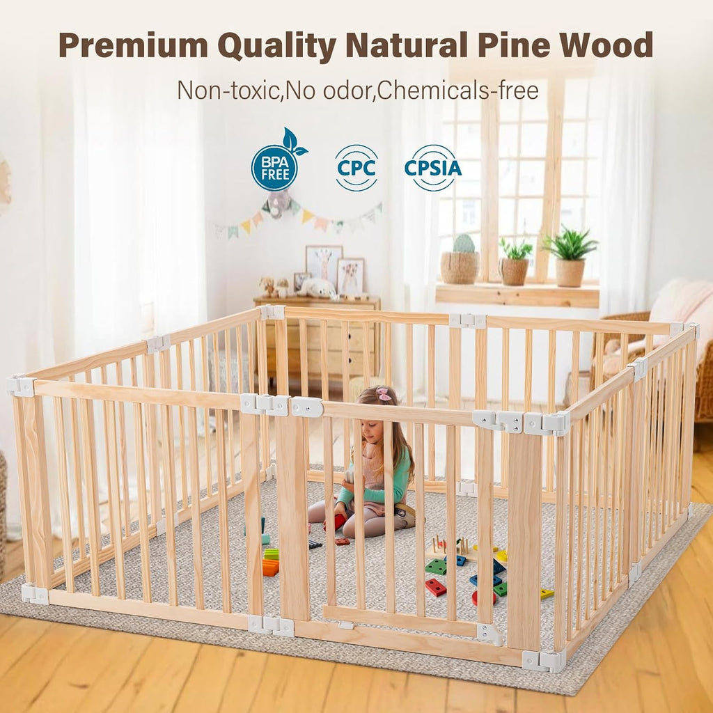 Foldable Wooden Playpen-61"x61"x25"-Large Baby Gate Playpen with Child-Proof Lock-Easy Assembly, Portable Design for