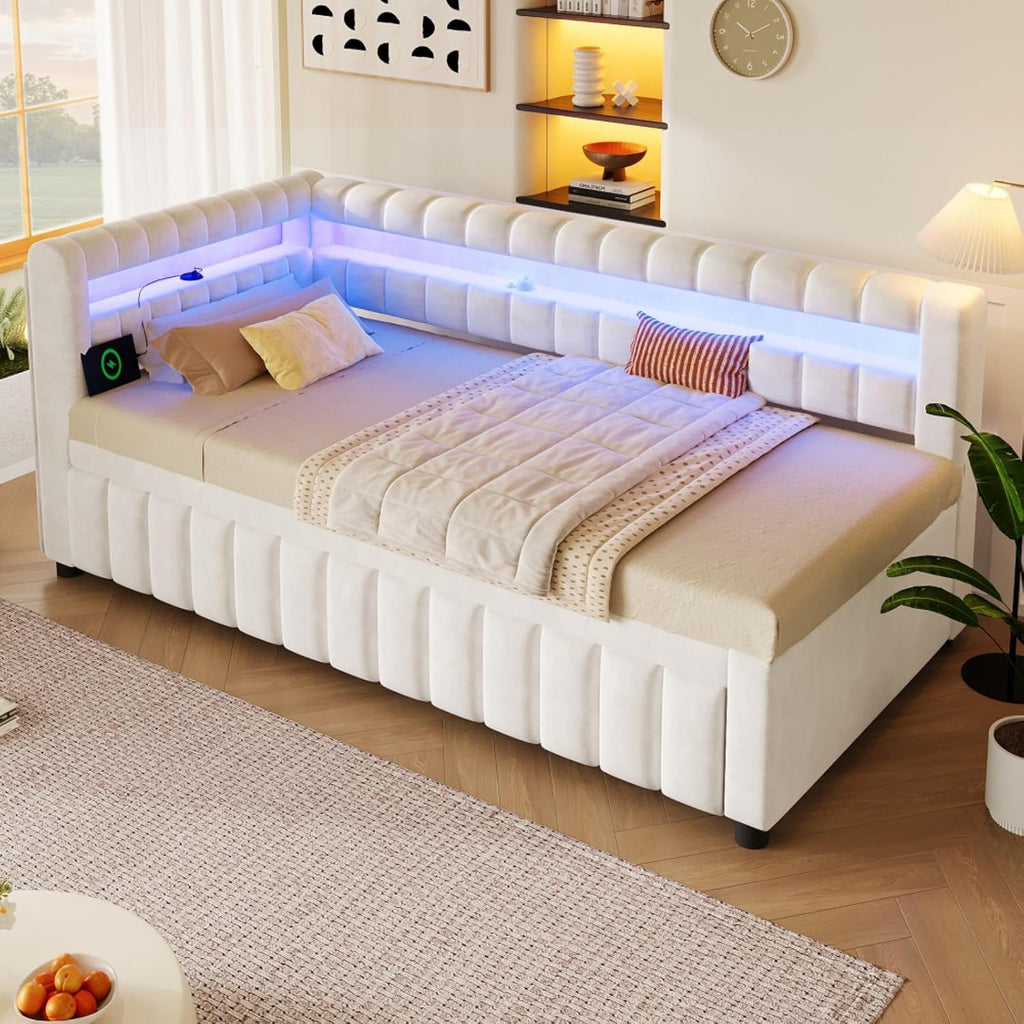 Twin XL to King Size L-Shaped Daybed with Pop-up Trundle, White | Vertical Channel Tufted Upholstered Corner Day Bed