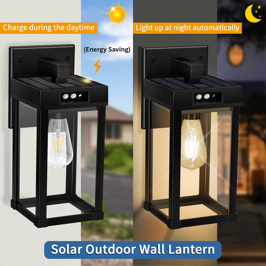 Solar Wall Lights Outdoor with 3 Lighting Modes & Motion Sensor, Solar Porch Light with 2 Bulbs, Waterproof Outdoor