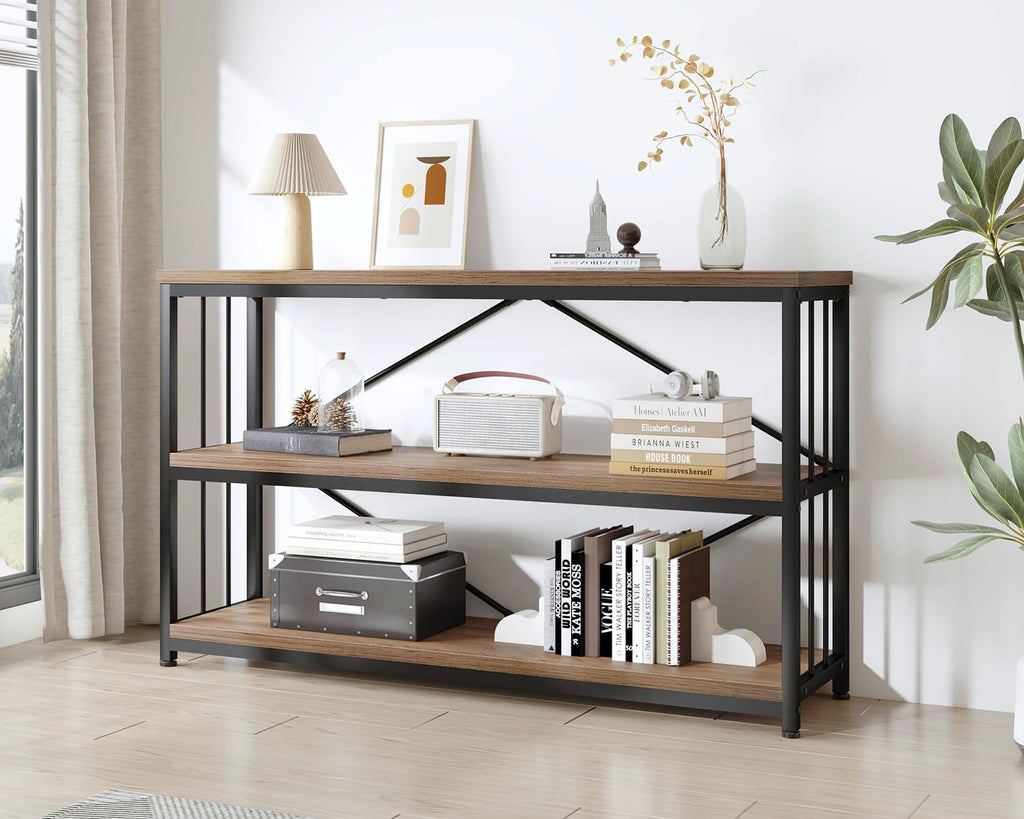 3 Tier Bookshelf, Industrial Wide Horizontal Bookcase Rustic Oak 47 in
