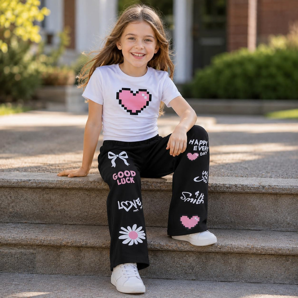 Clothes 2 Piece Cute Pixel Heart-Print Top Graffiti-Print Pants Sets