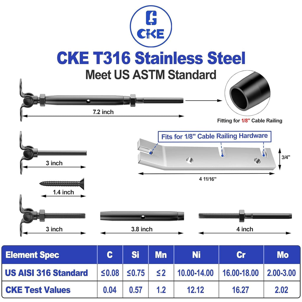 20 Pairs 1/8" Black Cable Railing Hardware Kit Swage Toggle Turnbuckle for Wood Post, T316 Stainless Steel Black Deck