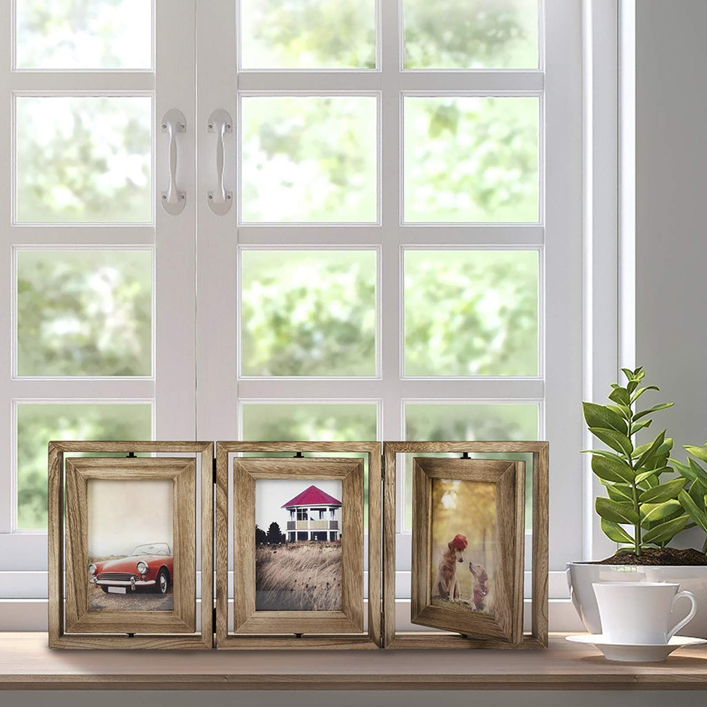 4x6 Picture Frame Rustic Wood Hinged Folding Triple Picture Frames Collage, Double-Sided Display Rotatable High