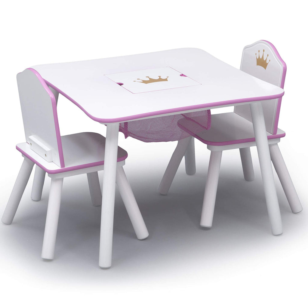 Children Princess Crown Kids Wood Table and Chair Set with Storage - Greenguard Gold Certified, White/Pink