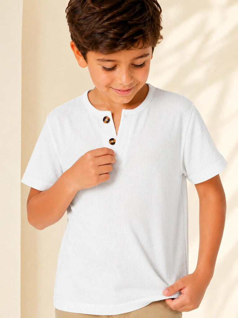 Boys Waffle Knit Henley Shirt Short Sleeve Textured Summer Tee Tops