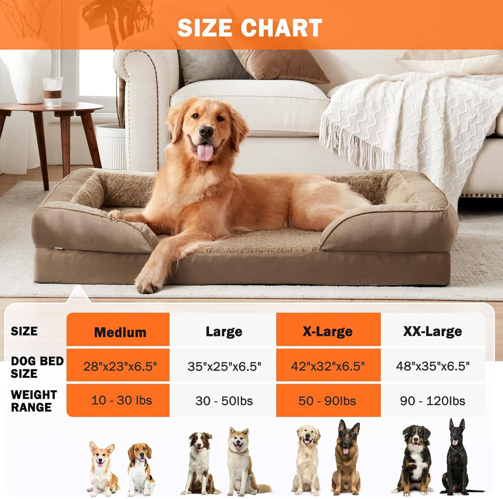 XXL Orthopedic Dog Bed with Headrest, Waterproof Dog Couch Bed with Removable Washable Cover, Dog Sofa Bed, Egg-Crate