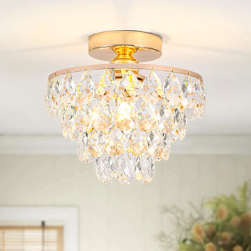 Gold Crystal Chandelier Small, Mini Ceiling Light Modern Flush Mount Crystal Chandelier Hallway Overhead Light