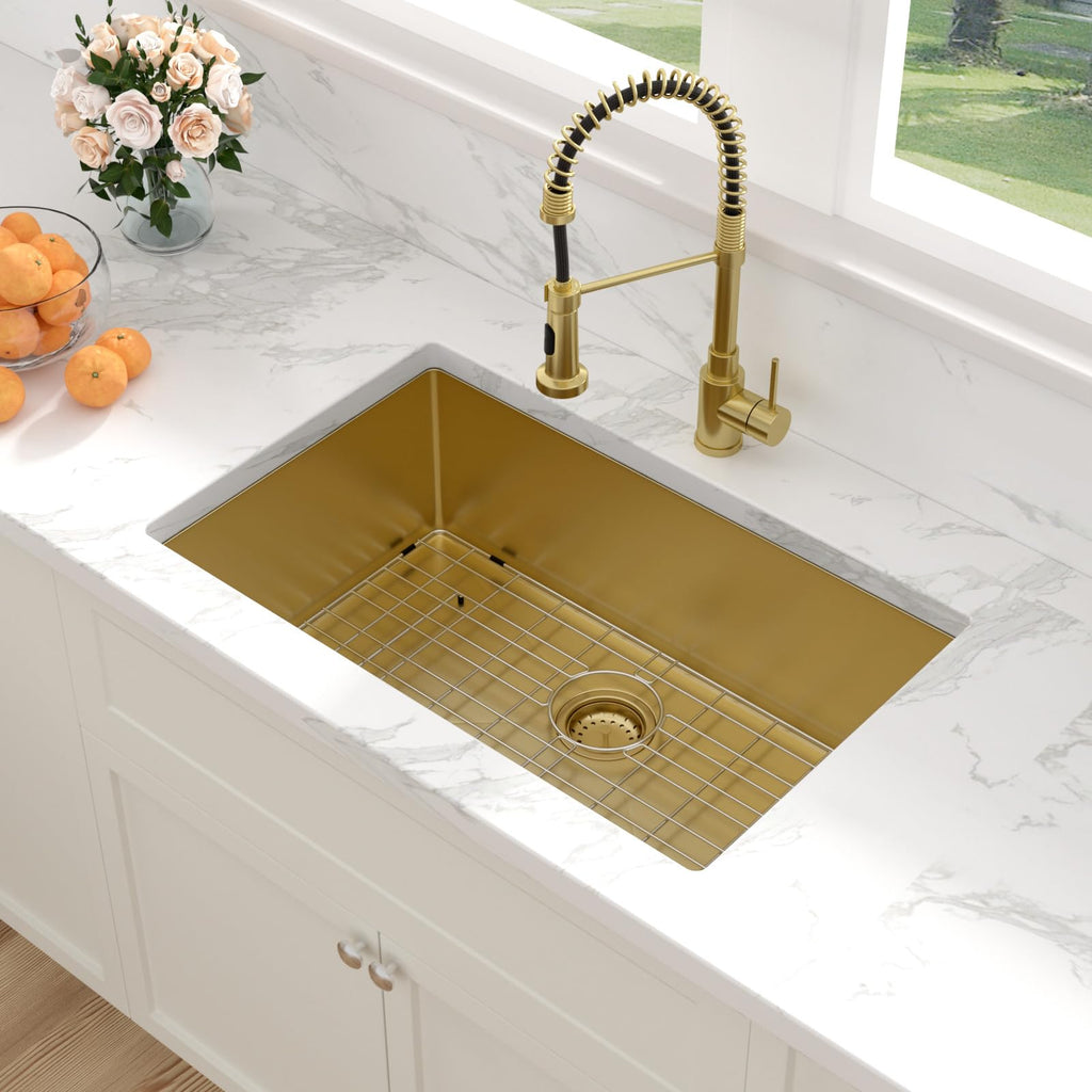 Gold Undermount Kitchen Sink - 28 Inch Kitchen Sink Undermount Gold Stainless Steel Single Bowl 28" x 19" Under-Mount