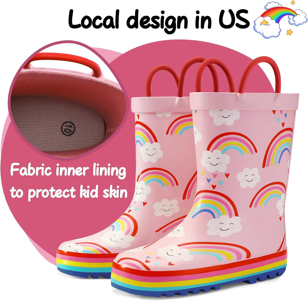 Kids Rain Boots Waterproof Printed Rubber boots with Handles