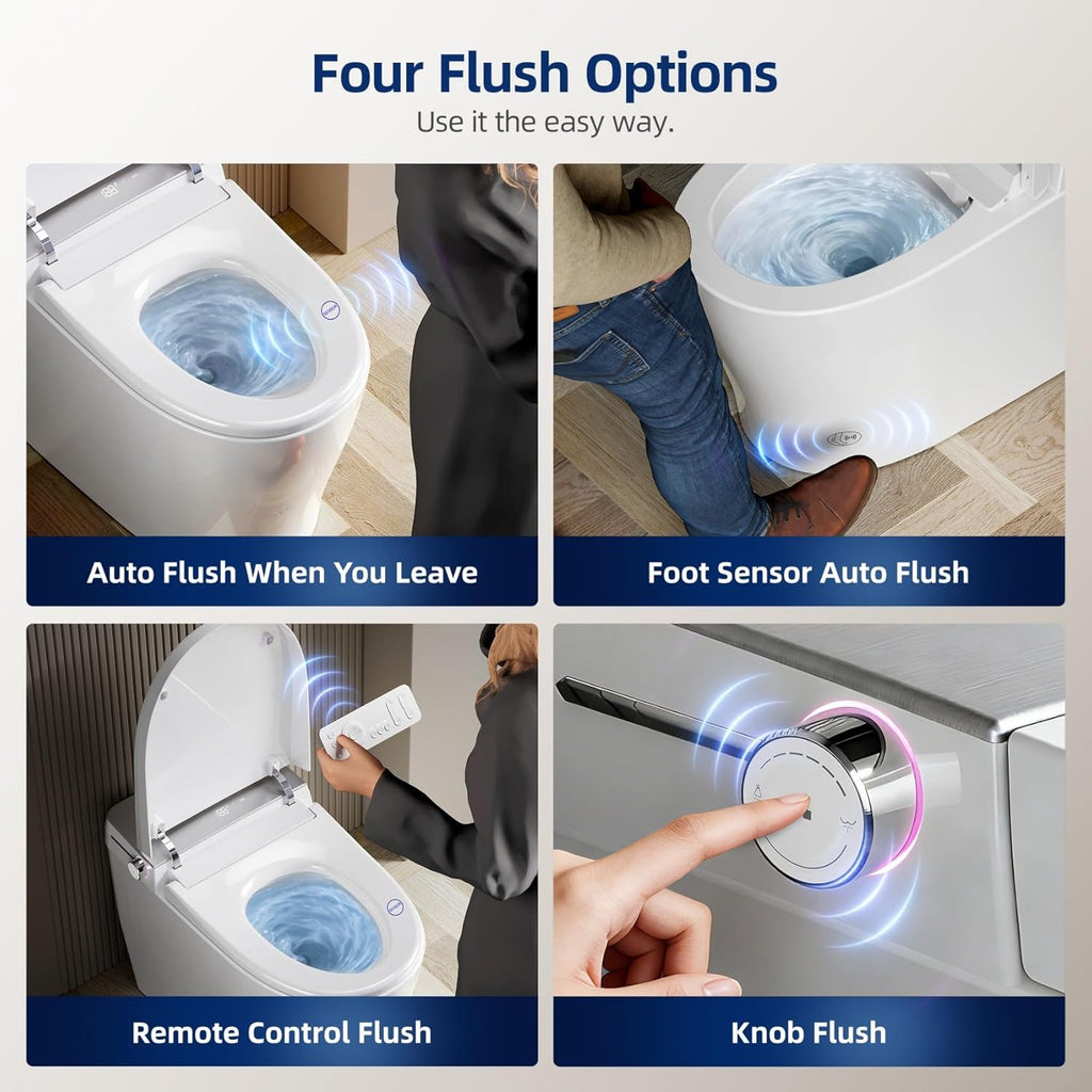 Smart Toilet with Built-in Tank - Electric Bidet Toilet with Side Knob Control, Foot Sensor Operation, Auto Flush