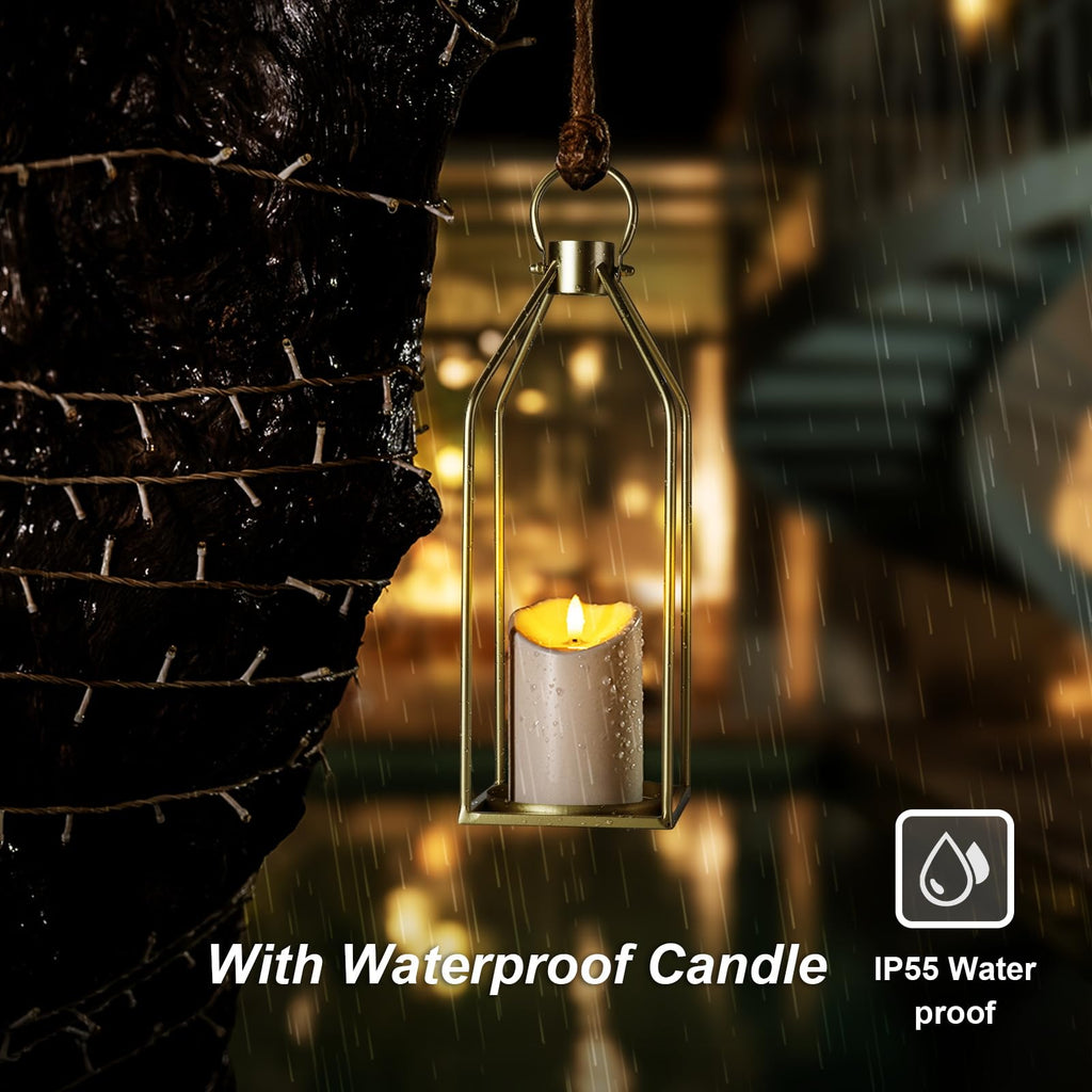 Modern Farmhouse Gold Metal Lanterns 2PCS with Flameless Candle