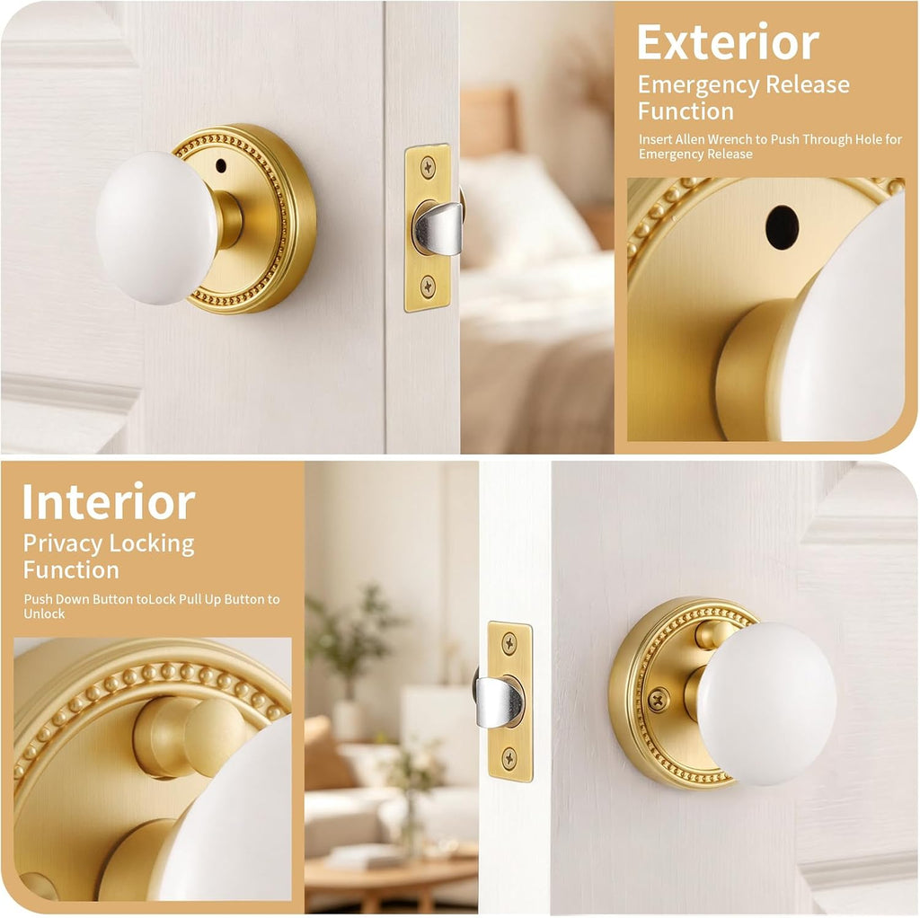 White Porcelain Door Knob with Gold Base,1 Pack