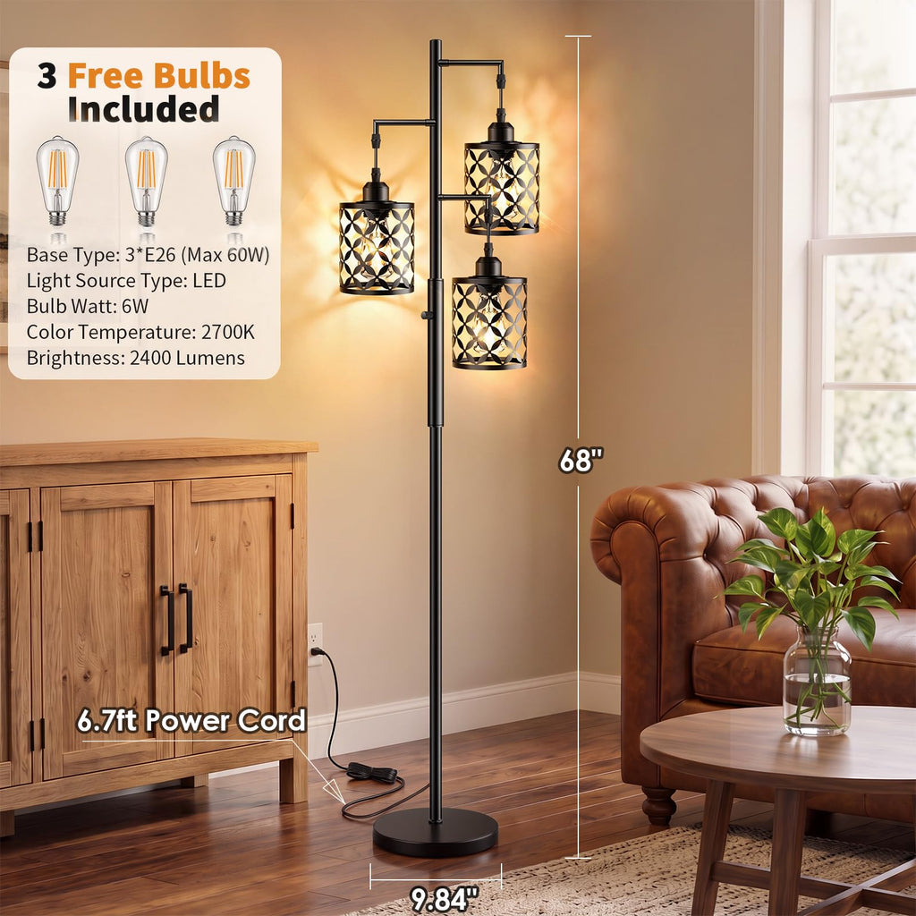 68" Industrial Tree Floor Lamp, Dimmable Farmhouse Tall Standing Lamp with Quatrefoil Cutout Shades & Rotary Dimmer