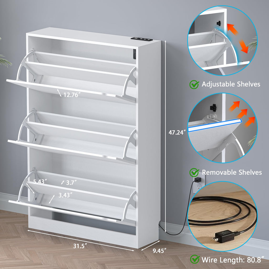 Shoe Cabinet with Odor Control and Back Panels, Deodorizing Slim 3-Flip Shoe Storage Cabinet, Freestanding Hidden