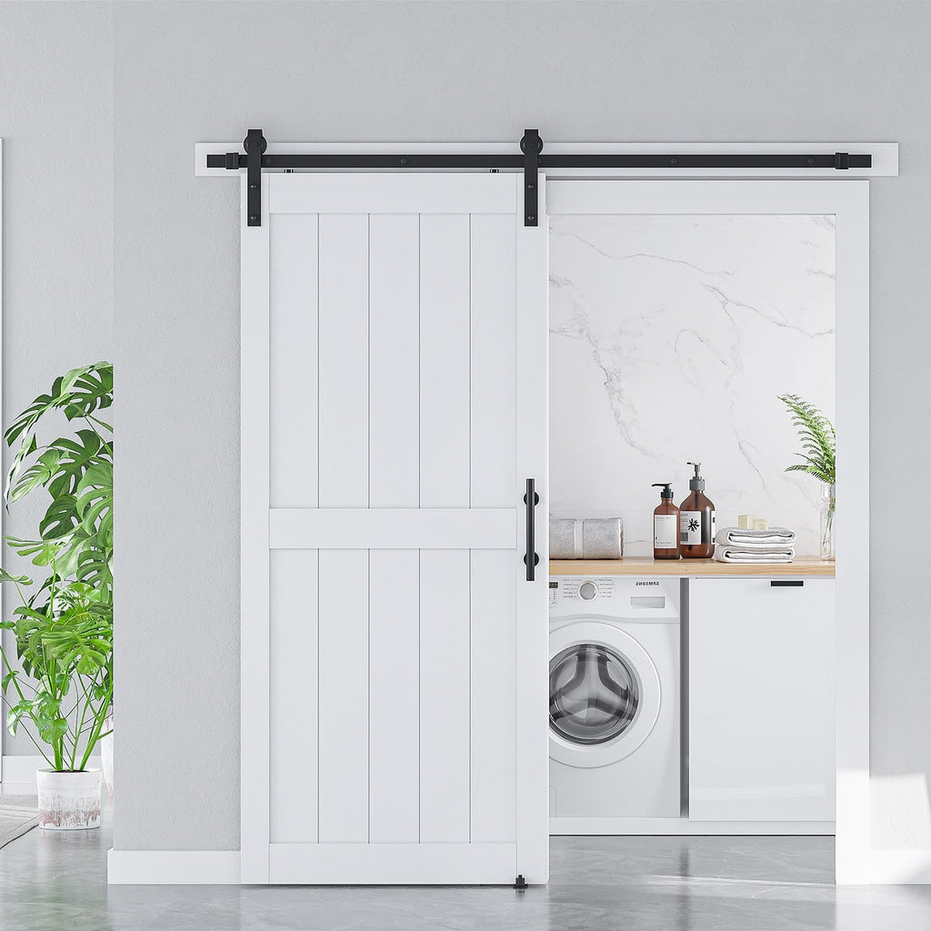 36 x 84 inch White Sliding MDF Barn Door with 6.6FT Black Sliding Door Hardware Kit & Handle, Pre-Dr
