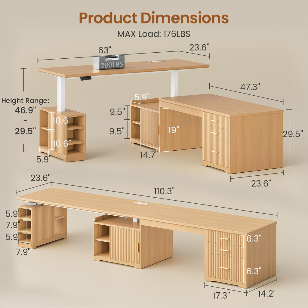 Fluted L Shaped Standing Desk with Storage, Oak